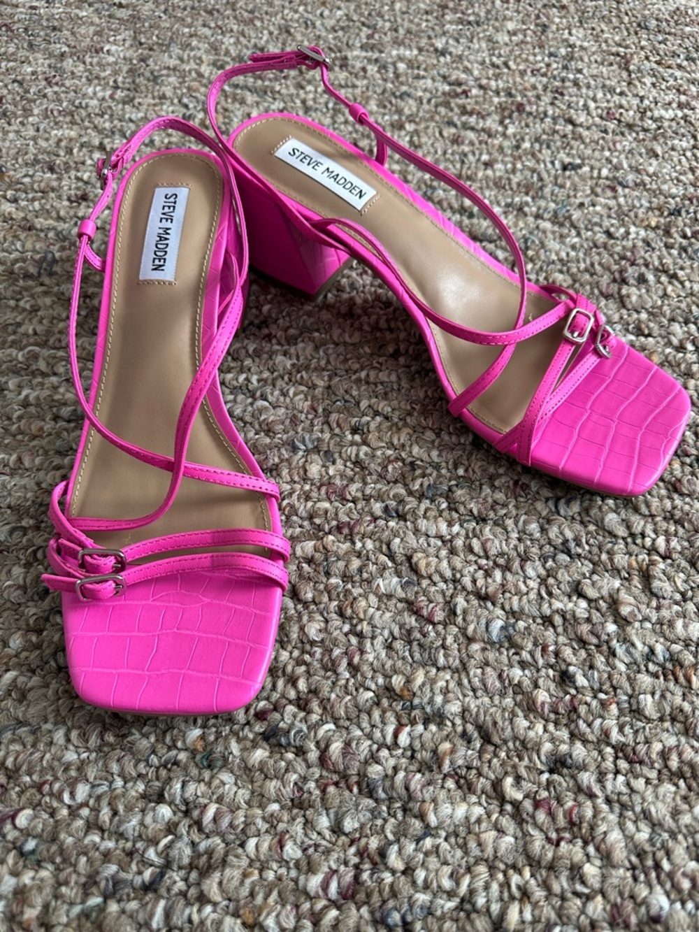 Steve Madden Bright Pink Croc-Textured Strappy Block Heel Sandals